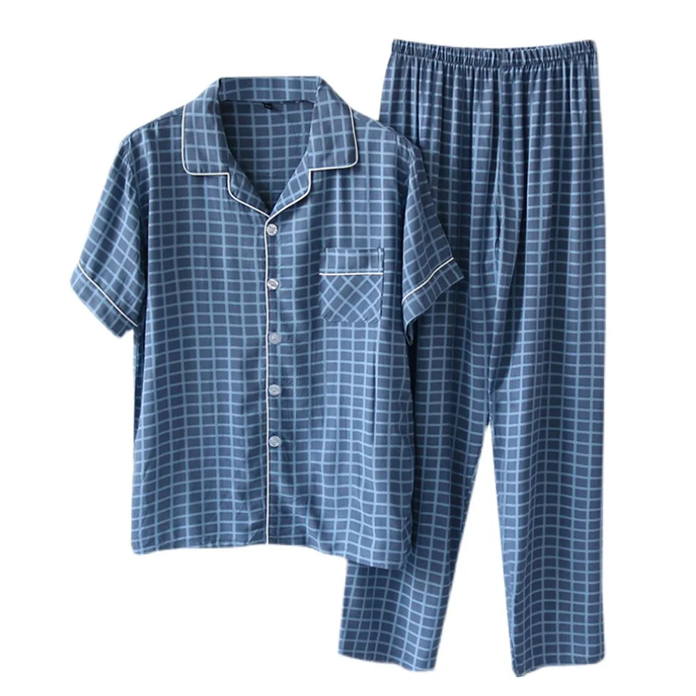 Pyjama à carreaux pour hommes, ensemble deux pièces, pantalon à manches courtes, en coton, décontracté, Service à domicile, vêtements de nuit