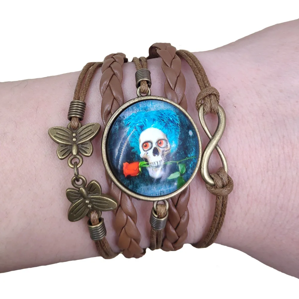 Creative Pirate Skull Multilayer Leather Bracelet S Punk Brown/black/white Round Time Gem Female Party Gift AT025-036