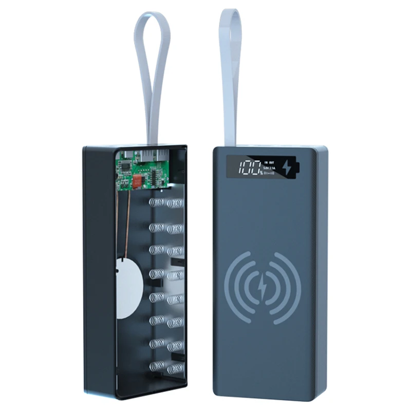 Caja de carga de batería de 16x18650, carcasa de Banco de energía, USB Dual, pantalla LCD, soporte de cargador rápido e inalámbrico, caja de almacenamiento