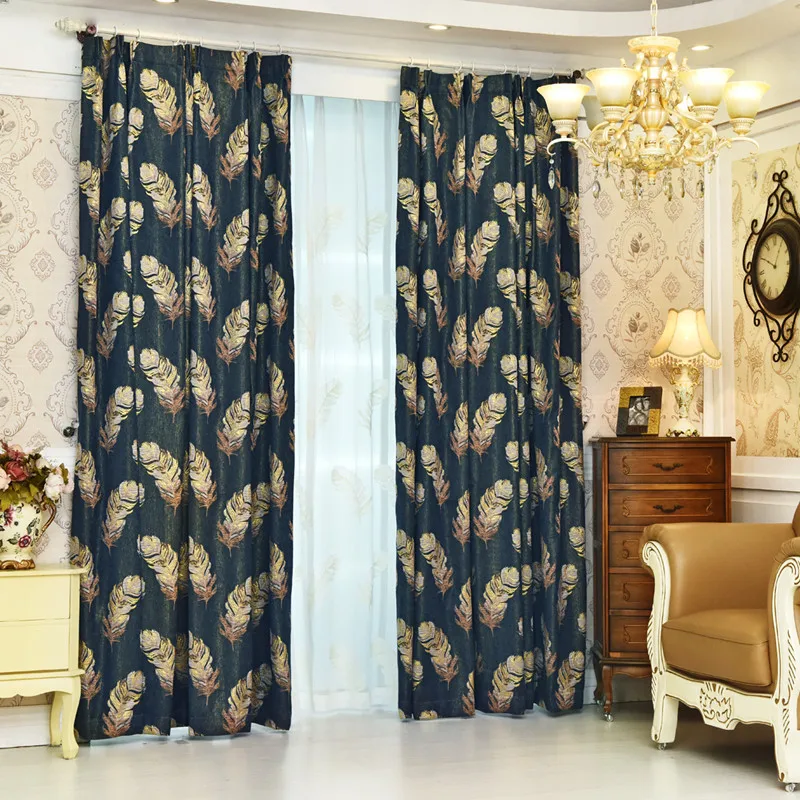 Luxury European Gold Feather Curtains for Living Room Bedroom Jacquard Blackout Chenille Elegant Parlor Sliding Door Drapes