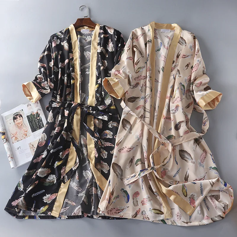 Spring Men and Women Bathrobe Three Quarter Silk Robe Home Clothing Satin Print Kimono Robes Long Sleep Wear Dressing Gown