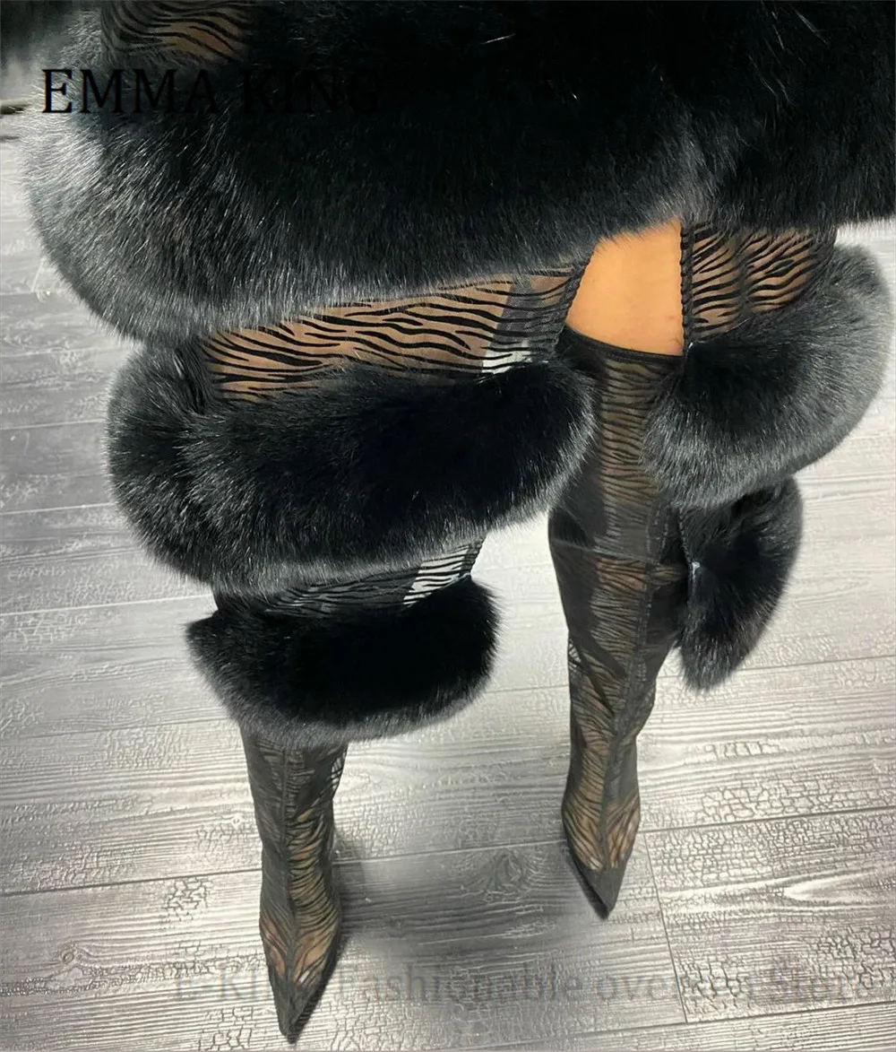 

Women Mesh With Fur Over The Knee Boots Leopard Mesh Thigh High Boots Stilettos High Heels Back Zipper Boots Botines Mujer 2022