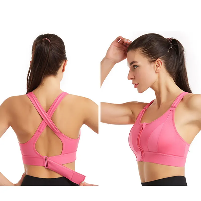 Wireless Supportive Sports Bra for Women Front Zip Design Cross Back Vest Yoga Workout Wear XIN-Shipping