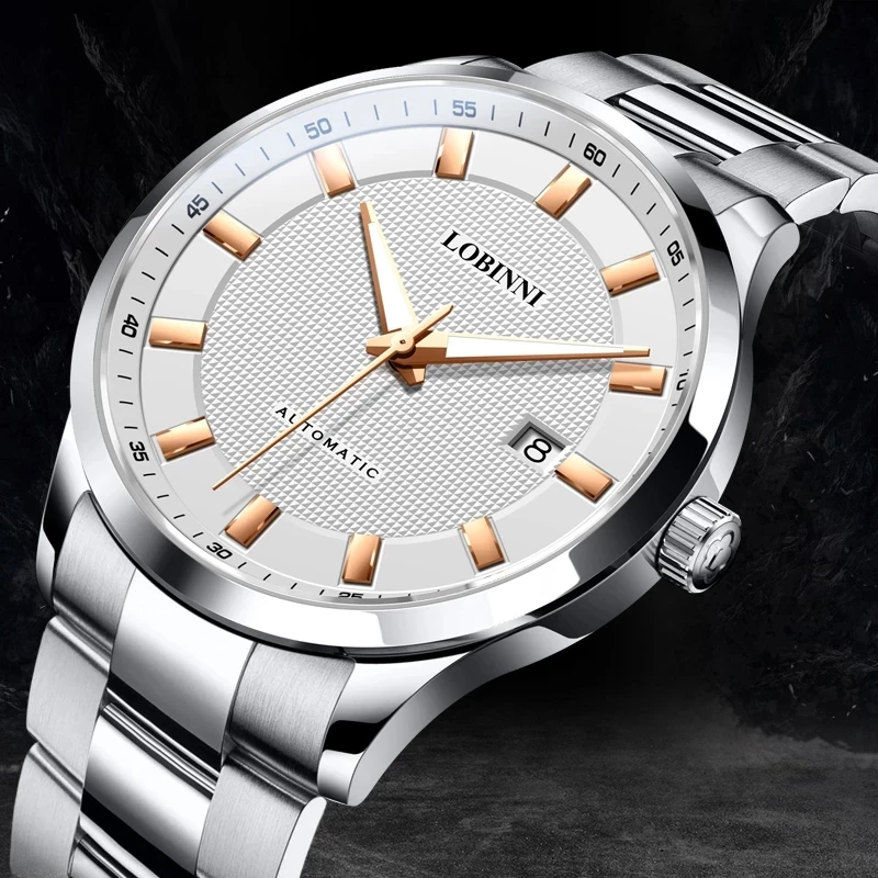 LOBINNI Orologi meccanici automatici classici in acciaio inossidabile delle migliori marche Orologi impermeabili analogici con quadrante bianco ultra sottile da uomo