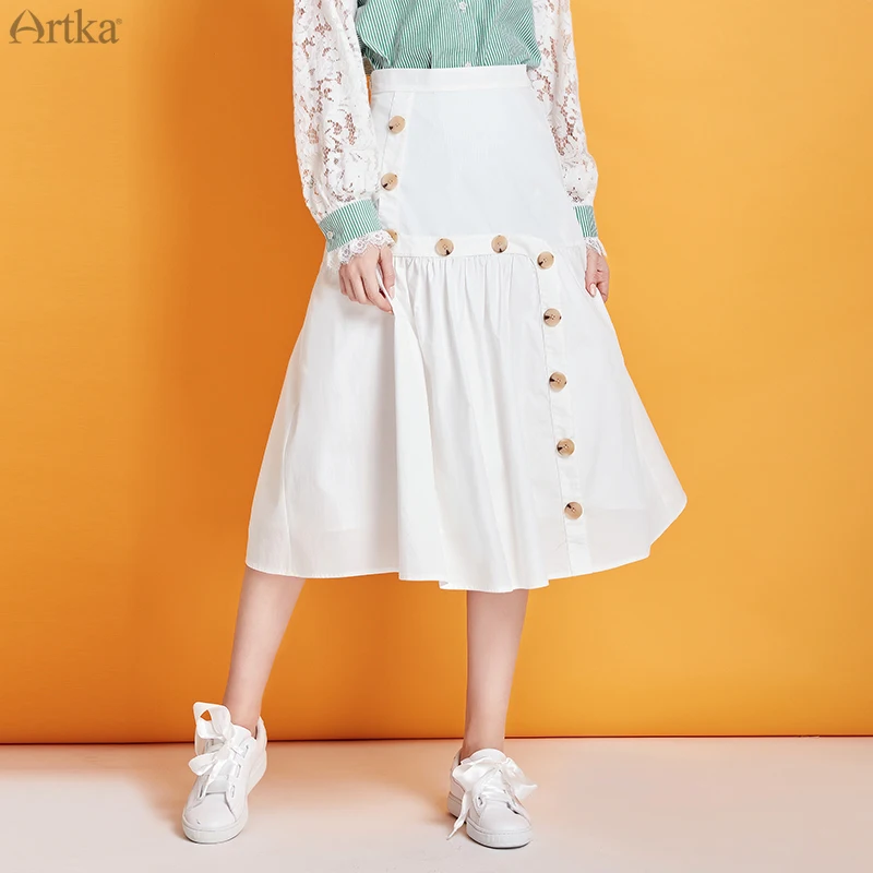 

ARTKA 2025 Spring Summer New Women Skirt 100% Cotton Fashion High Waist A-line Skirt Pure White Button Long Skirts QA25004C
