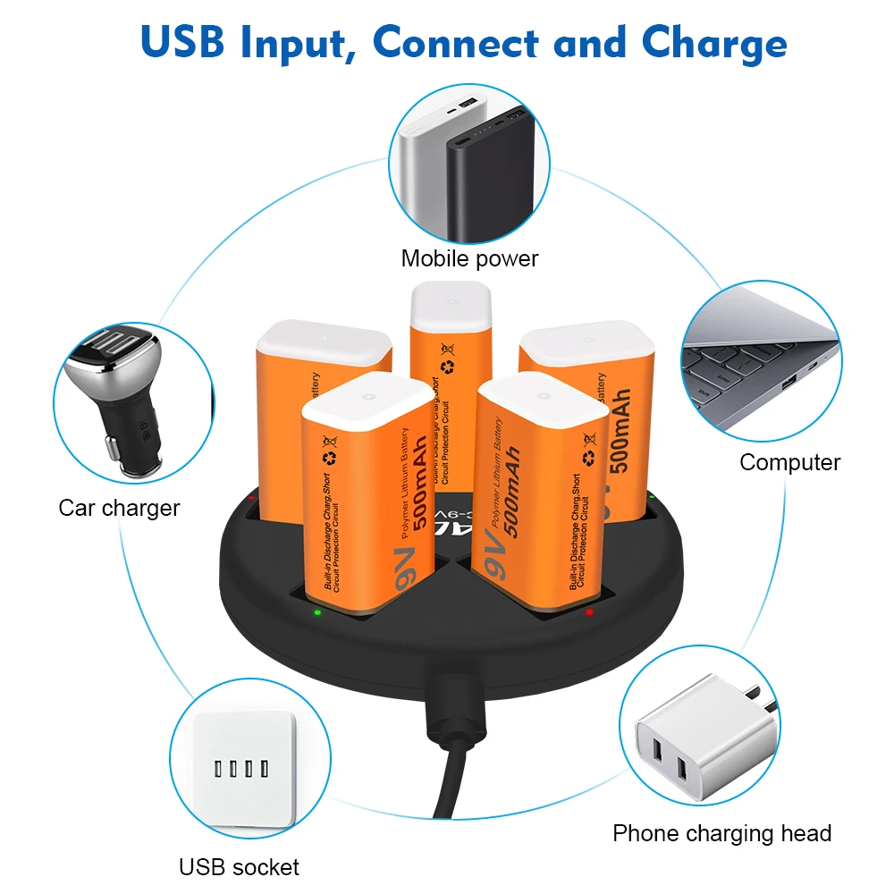 9V 6F22 Smart Usb 9 Volt Rechargeable Battery Charger for 9V Nimh Nicd Ni-Mh Ni-Cd Lithium Li-ion Li ion Rechargeable Batteries