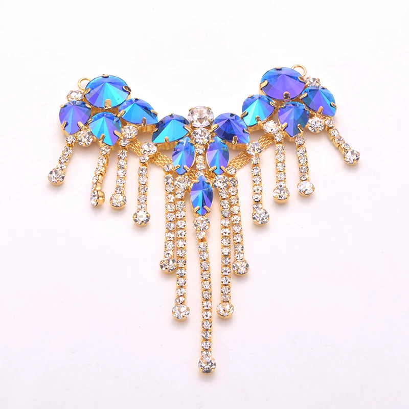 JUNAO 88*100mm 1pcs Sewing Crystal AB Glass Flower Rhinestone Applique Trim Crystal Fringe Strass Buckle for Necklace Decoration