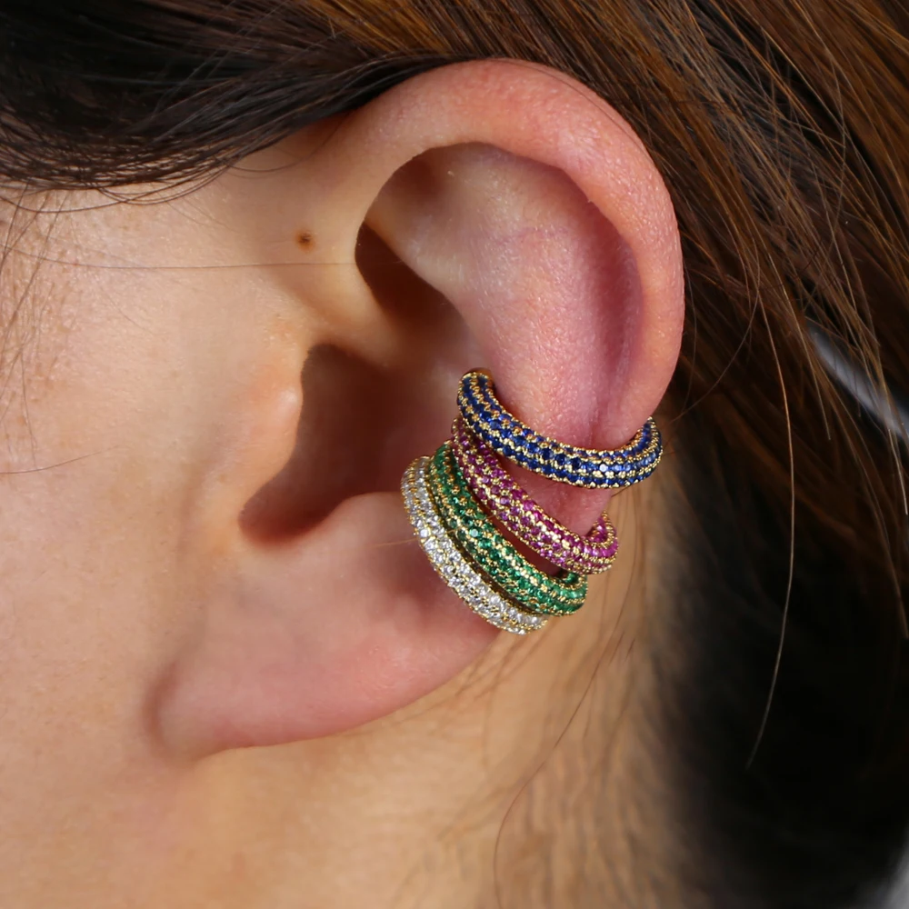 2025 High Quality Pave Rainbow Cz Colorful Cubic Zirconia No Piercing Clip Earrings for Women Girls 1 Piece Ear Cuff