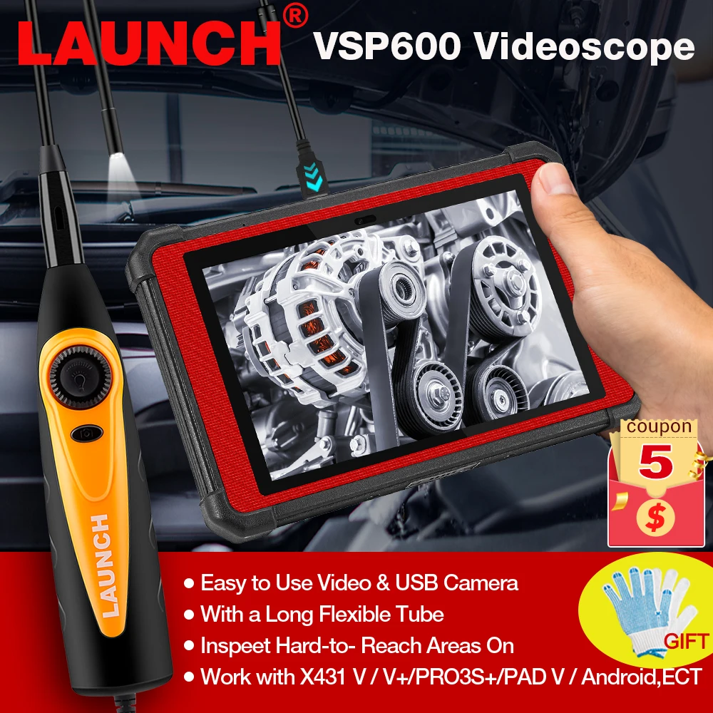 LAUNCH X431 VSP600 Camera Videoscope HD IP67 2M Cable 6 adjustable LED lights Mirco USB Type-C Borescope Video Inspection