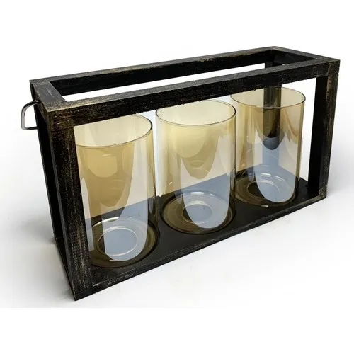 Folk Bookstore 3'lü Wood Black Gold Foil Lantern Candle Holder