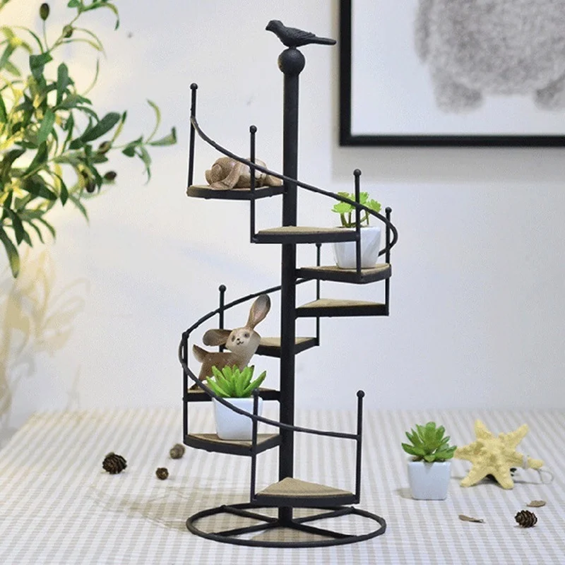 Modern Decorative Iron Plant Rack Stand Plants Succulent Shelf 8 Layer Stair Shape Desktop Garden Flower Stand + Wood Plate