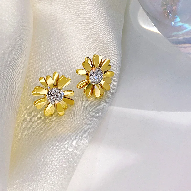 316L Stainless Steel New Fashion Upscale Jewelry Zircon Daisy Sun Flowe Gold Color Earringsr Women accessories