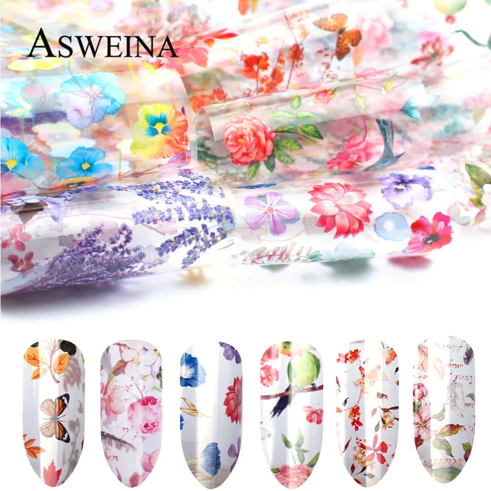 10pcs Colorful Transfer Nail Sticker Holographic Nail Foil DIY Mixed Flower Adhesive Wraps Decal Manicure Accessories