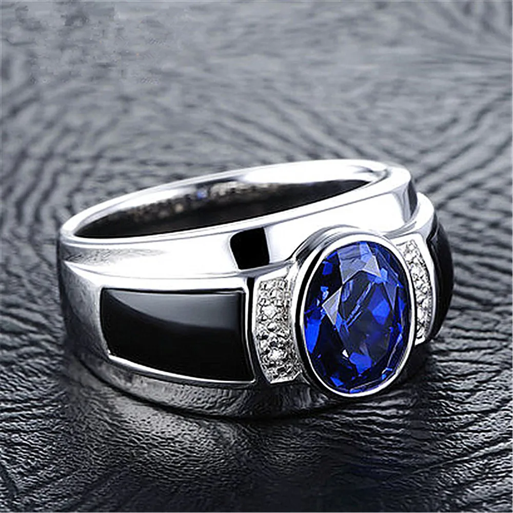 Fashion sapphire gemstones blue crystal black agate zircon diamonds rings for men white gold silver color jewelry party bague