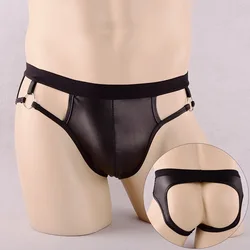 CLEVER-MENMODE Sexy Hollow Briefs Mens Penis Pouch Underwear Jockstrap Imitate PU Faux Leather Backless Mens Underwear Black