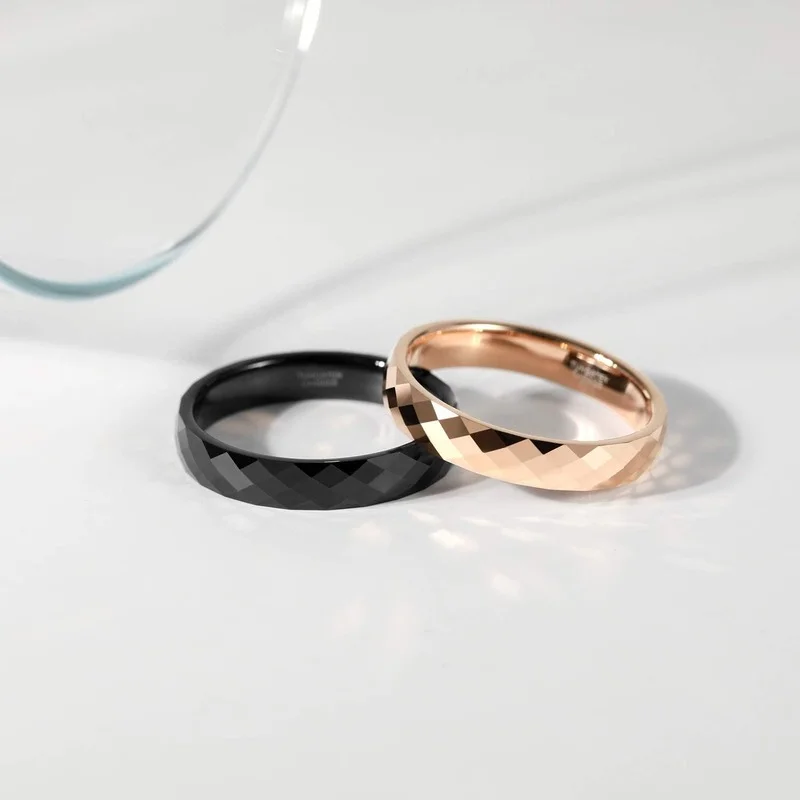 Tigrade 4mm Facettierter Wolfram-Ehering in Roségold/Schwarz/Goldfarbe, Verlobungsring für Damen und Herren, Komfort-Passform – Detail 4