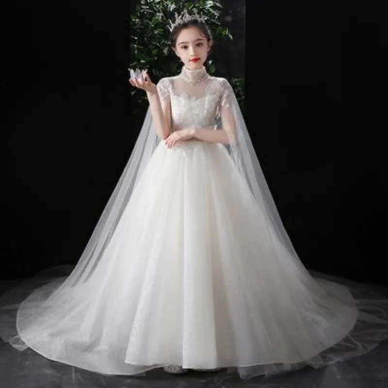 

White Flower Girls Dresses Long Trailing Sequin Lace Applique Tulle Fluffy Floor Length Girls First Holy Communion Princess Gown