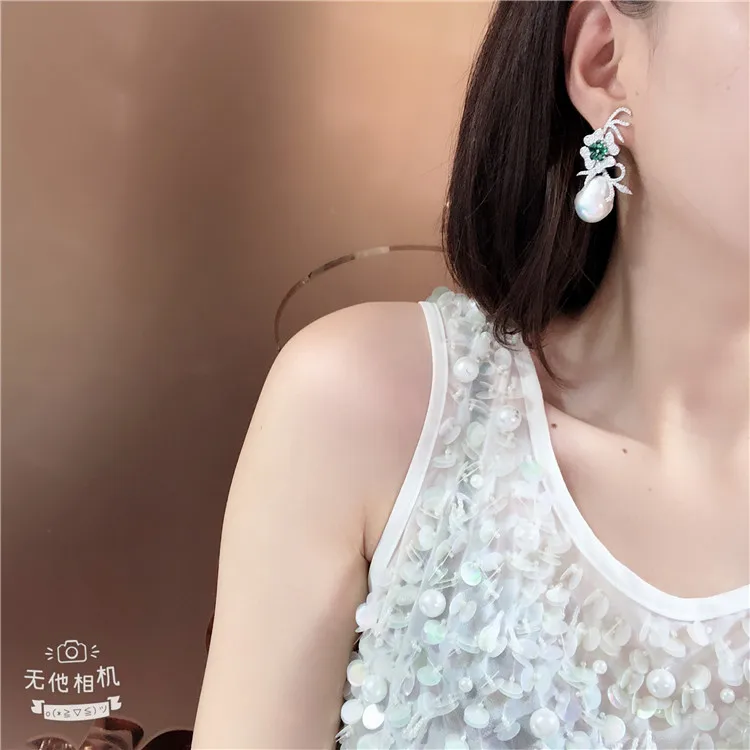 15x23MM  White Keshi Pearl Earrings Green Cz Pave Flower Earrings