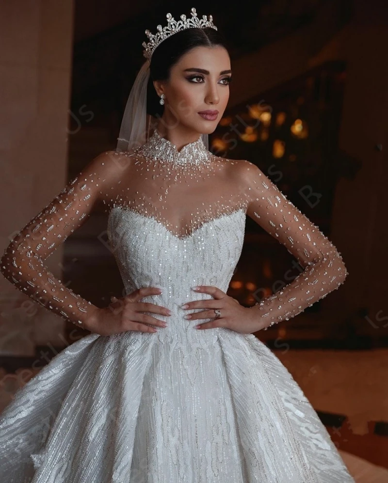 Vestidos de novia estilo árabe Dubai Vintage, ropa de cuello alto, transparente, de manga larga, de lujo, con cuentas y lentejuelas, 2020