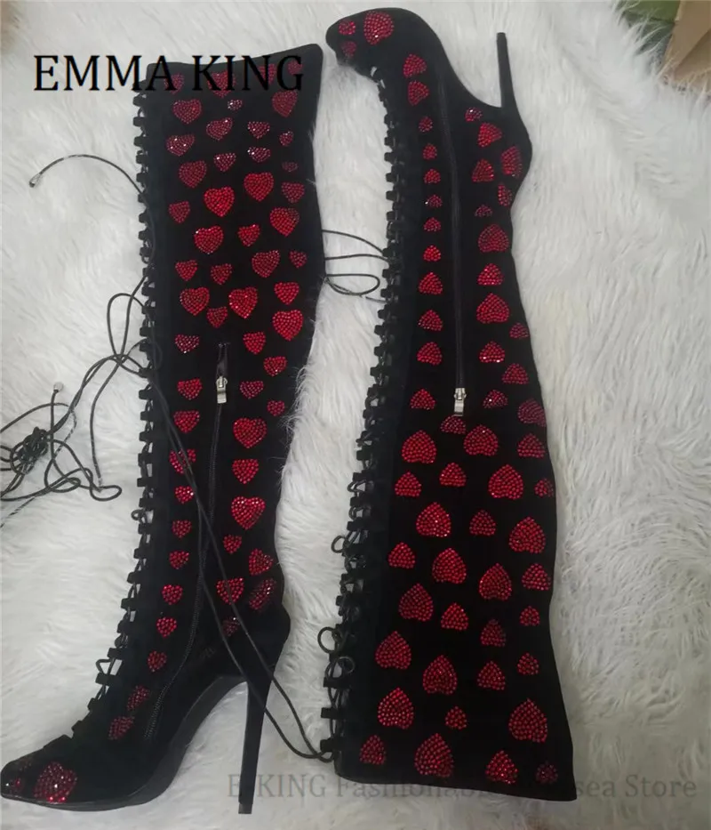 Women Red Crystal Hearts Gladiator Sandals Boots Sexy Peep Toe Cross Lace Up Thigh High Boots 2021 Autumn Sexy Dress Party Shoes