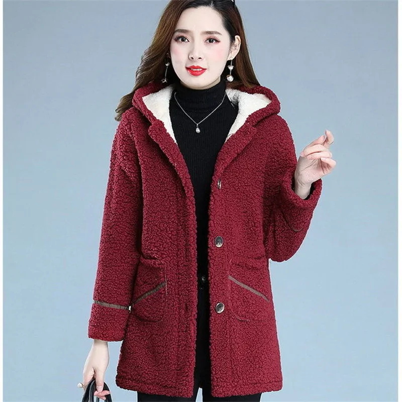 Mother Winter Warm Coat 2022 New Fashion Middle-Aged Women\'s Autumn Thick Velvet Jacket Thick Hooded Padded Jacket Female Button