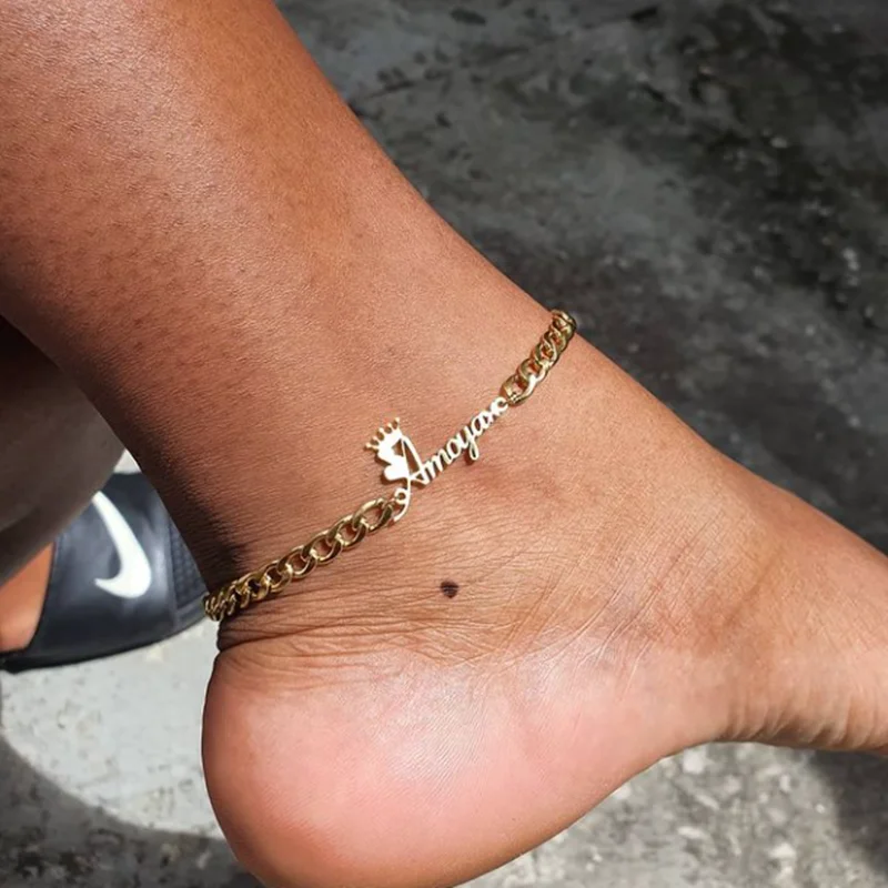 

Customized Name Anklet for Women Men Fashion Crown Stainless Steel Chain Personalized Nameplate Ankle Bracelet Birthday Gifts