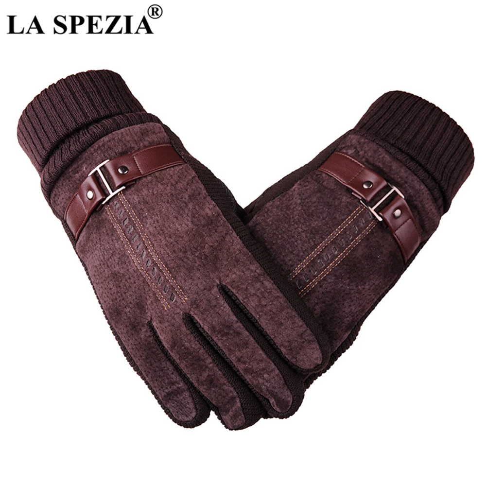 LA SPEZIA Mens Leather Gloves Pigskin Winter Gloves Black Brown Warm Thick Driving Men's Gloves Guantes