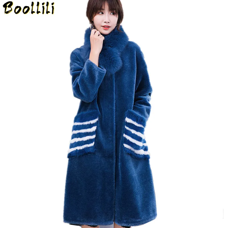 

2023 Women Boollili Real Wool Fur Coat Long Warm Winter Female Jacket With Detachable Fox Fur Scarf Collar Outerwear