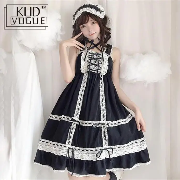 Lolita Dress Sweet Girls Cute Japanese Kawaii Spaghetti Strap Maid Vintage Lace Ribbons Headwear Lace Women Summer Party Prom