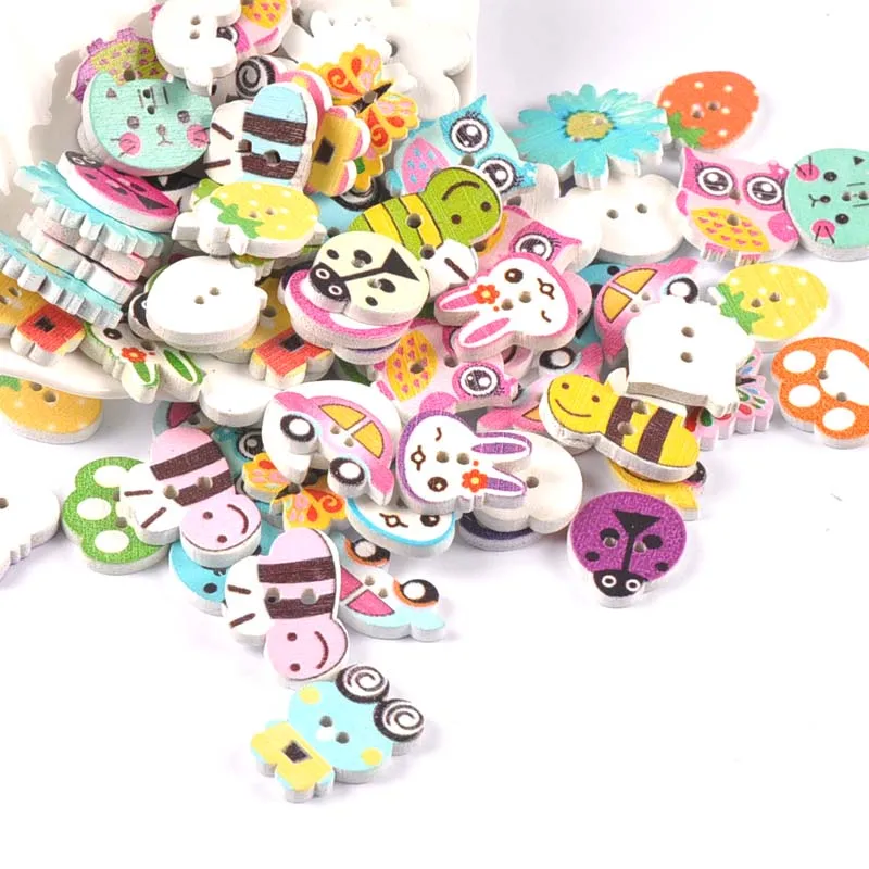 50pcs Mixed Mini Wood Animal Buttons Handmake Scrapbooking Crafts Sewing Clothing Accessories Cartoon Dog Cat Painted mt2660