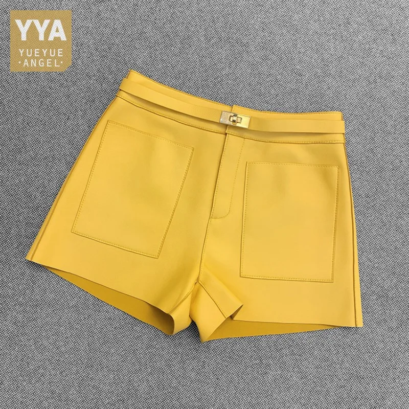 Women Genuine Leather Shorts High Street Solid Color Sheepskin Belt Slim Fit Straight Sexy Mini Trousers Pockets Cargo Shorts