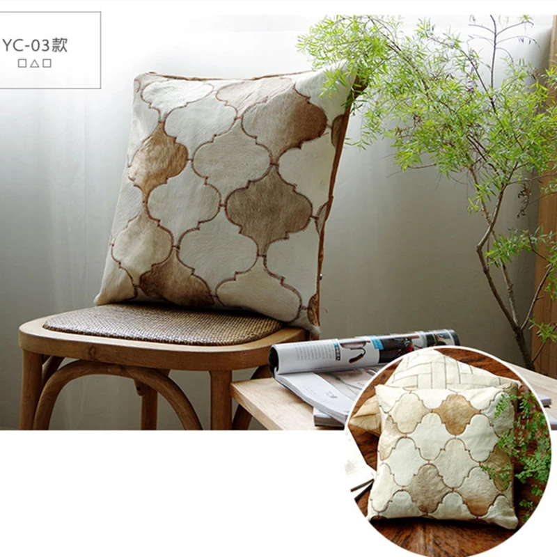 

50cm Real Cowhide Handmade Patchwork Lantern Design Cowhide Pillow case, Geometric Living Room Sofa Car Office Cushion, YC-01
