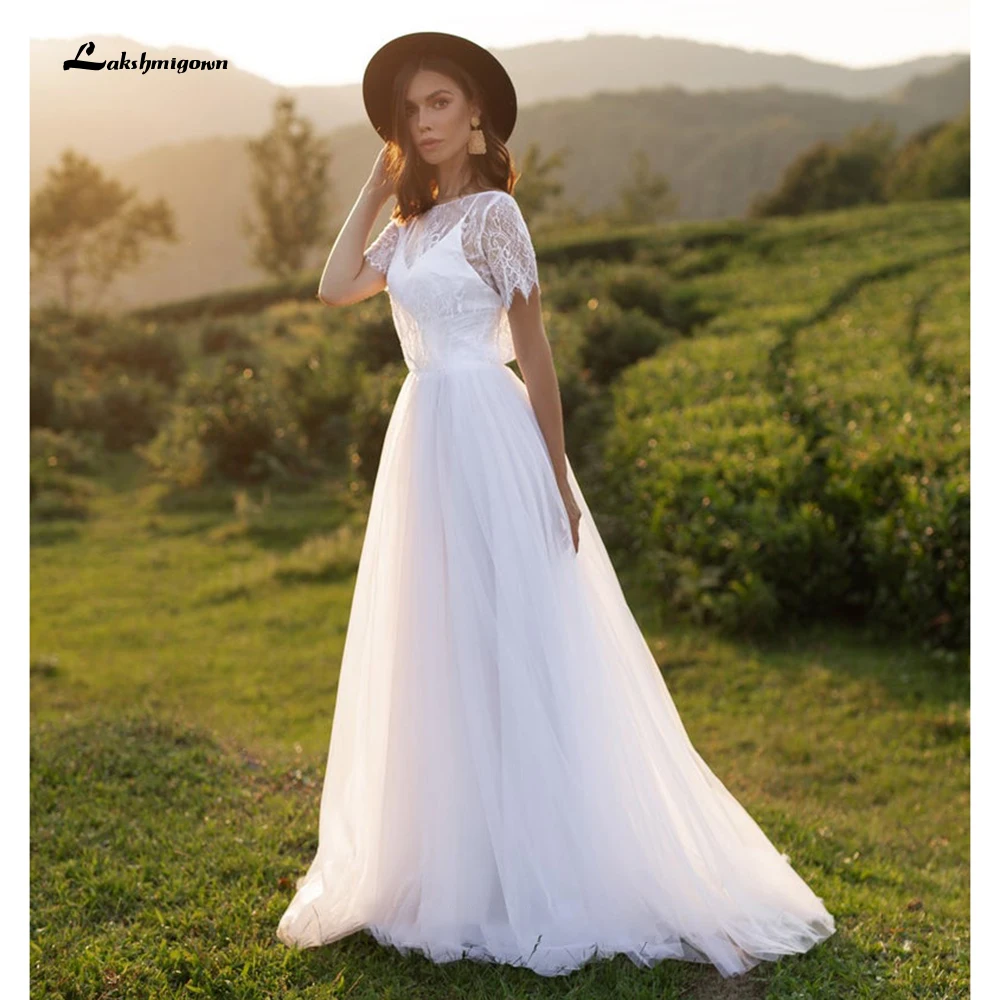 Robe de soirée de mariage à manches courtes, tulle en dentelle, col rond, dos nu, robe de plage A-Line, 2023