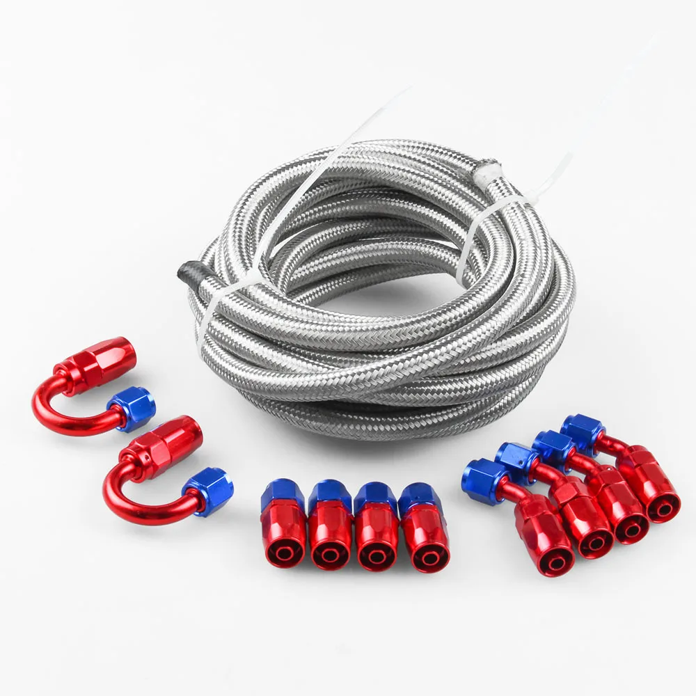 5M AN8 -8AN Fule line hose Red Swivel Fitting  Stainless Steel Braided Fuel Line Hose With 10Pcs Fitting Hose End Adapter Kit