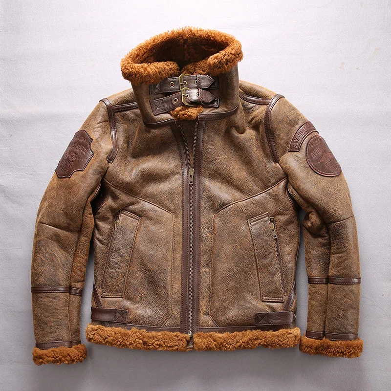 5 days arrival,Super Warm Genuine Sheepskin Jacket for Men Large Size Shearling Bomber Military High Quality Jacket