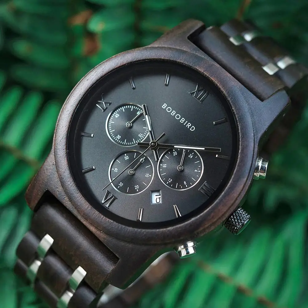 BOBO BIRD Wooden Watch Men relogio masculino Wood Metal Strap Chronograph Date Quartz Watches Luxury Versatile Timepieces Gifts