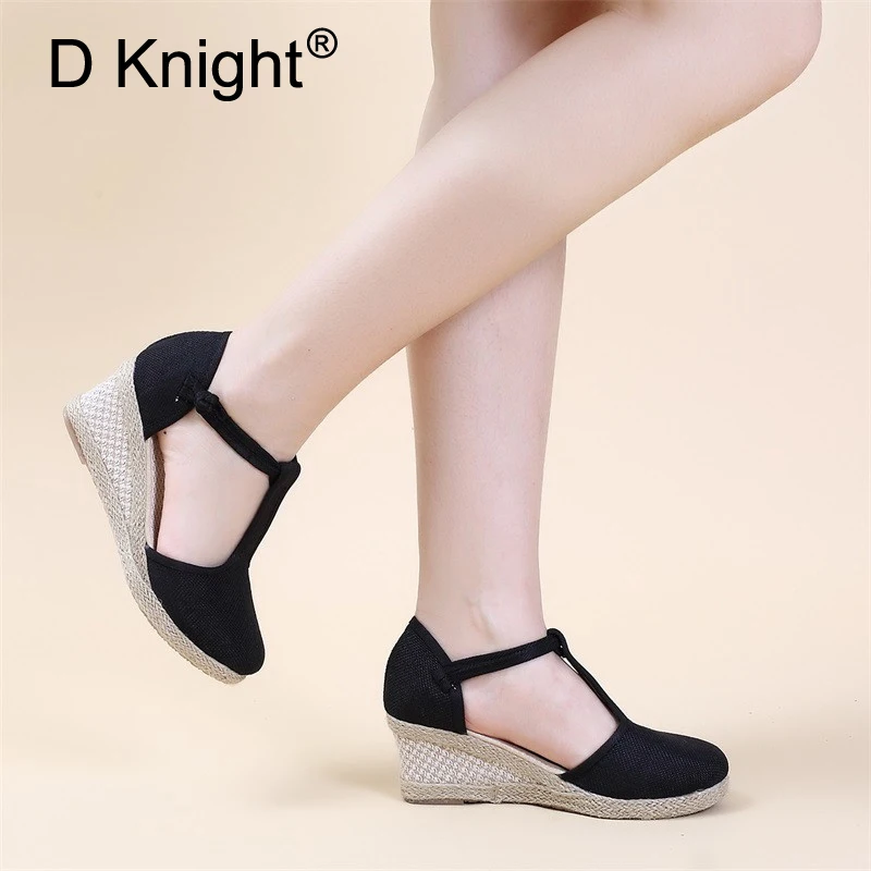 D Knight Women Sandals Summer Shoes Platform Wedges High Heel Ankle Strap Shoes Bohemia Female Espadrille Sandals Pumps Big Size