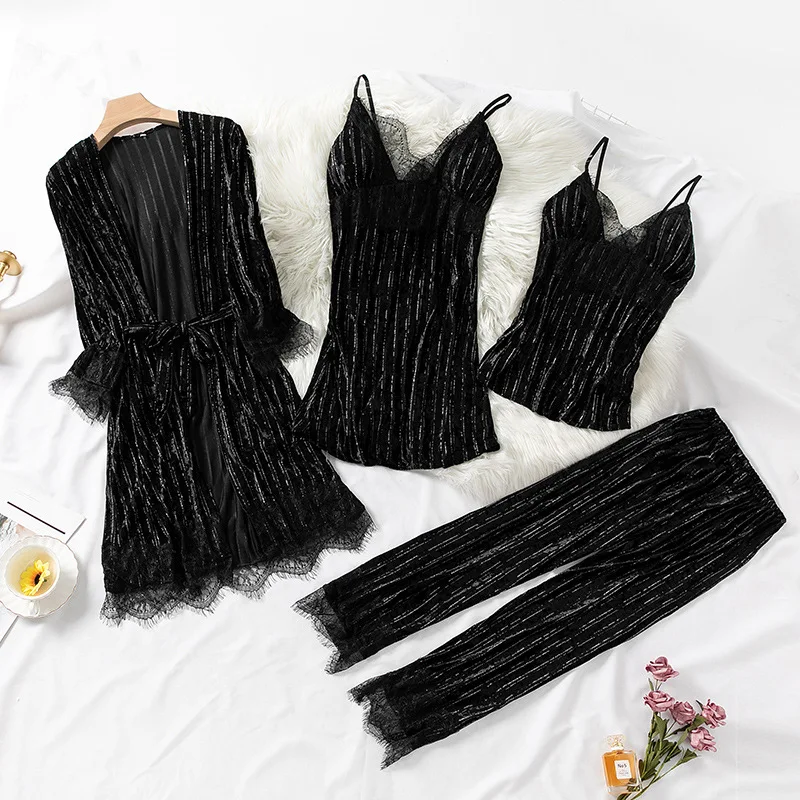 4PCS Sleepwear Casual Velvet Lady Bathrobe Sleep Set Autumn Winter Pajamas Set Sexy V-neck Lace Nightwear Long Sleeve Home Wear