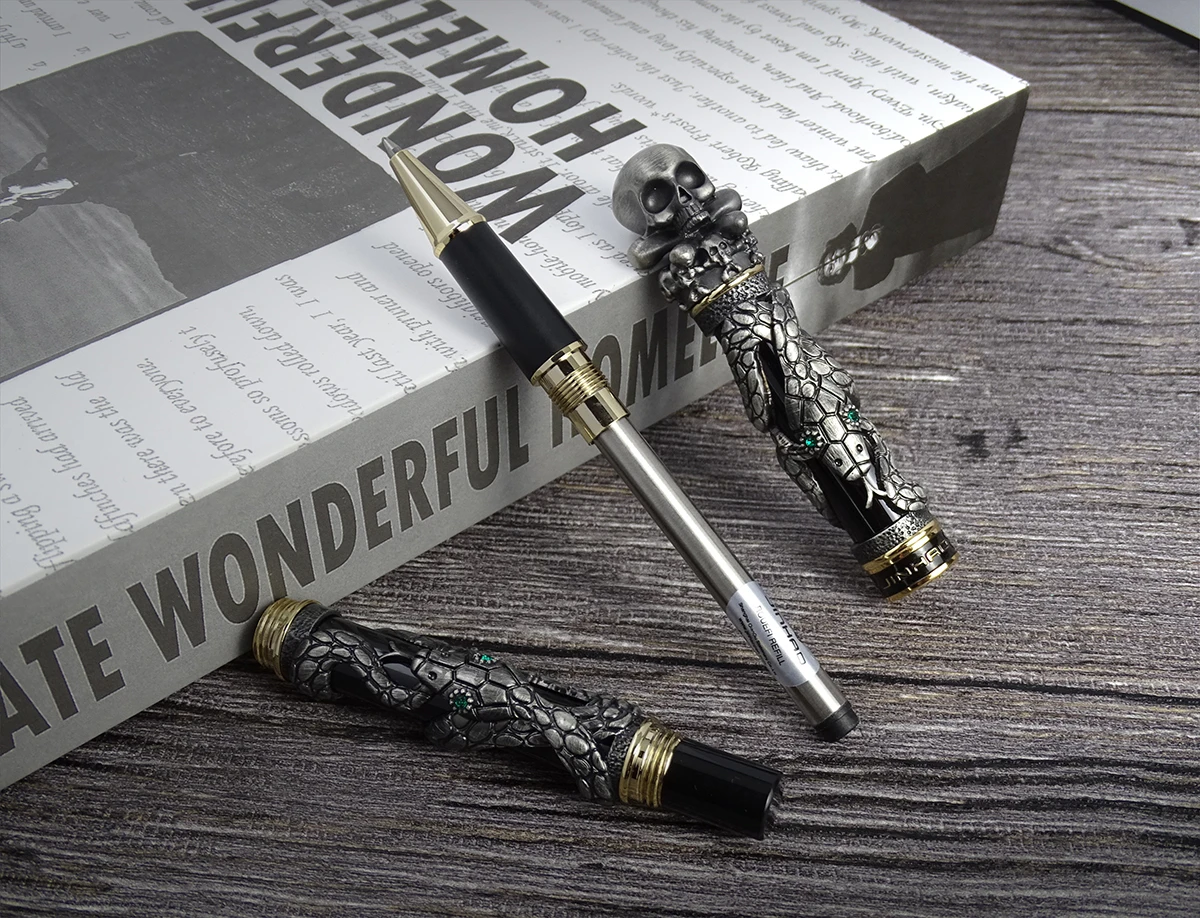 Jinhao Metal Vintage Rollerball Pen Skull Skeleton Unique Pen Cap Fine Point 0.5mm Heavy Collection Ancient Gray Office Gift Pen