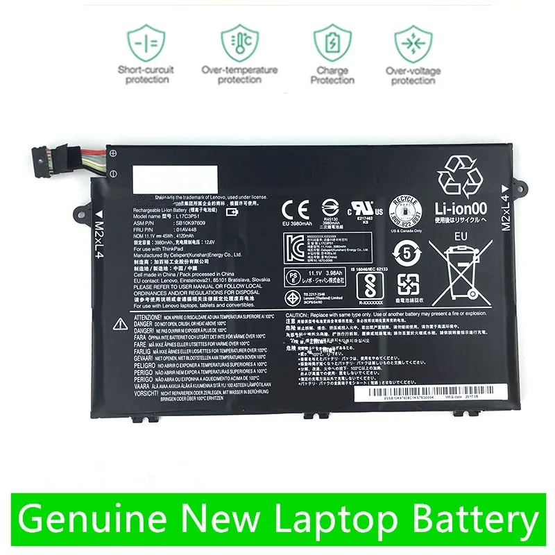 Onevan Genuine Novidades L17c3p51 01av448 L17m3p53 Bateria para Lenovo Thinkpad L470 L480 E480 E580 L580 L590 Sb10k97612 Sb10k97610
