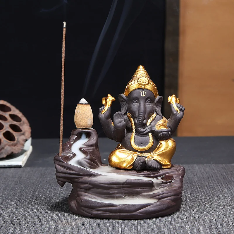 Elephant God Ganesha Back Flow censer Purple Clay Buddhist  Home Decor  Incense Burner Clay Tea Pet  Budda decorativo wholesale