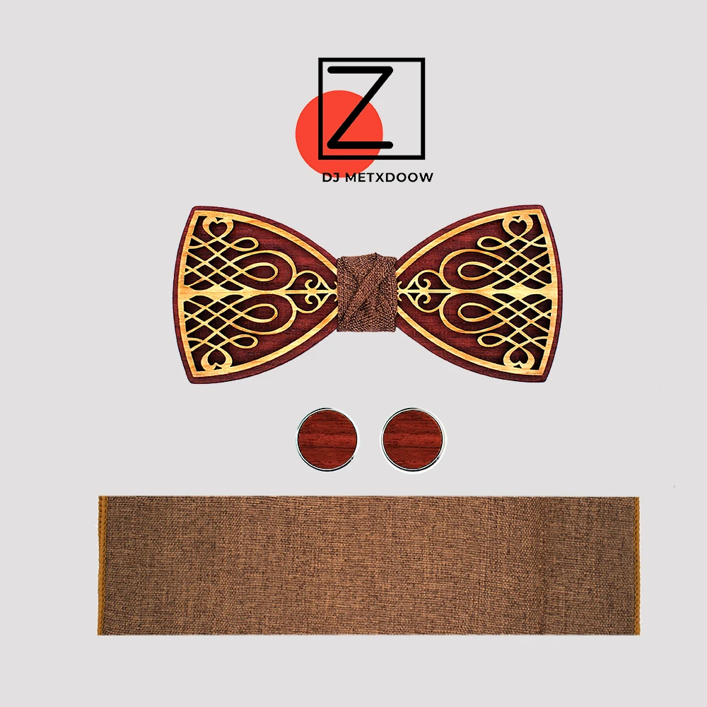 

New design Splicing Wooden Bow Ties Sets Engraving Wood Cufflinks Pocket Square Suits Pajaritas Hombre noeud papillon enfant