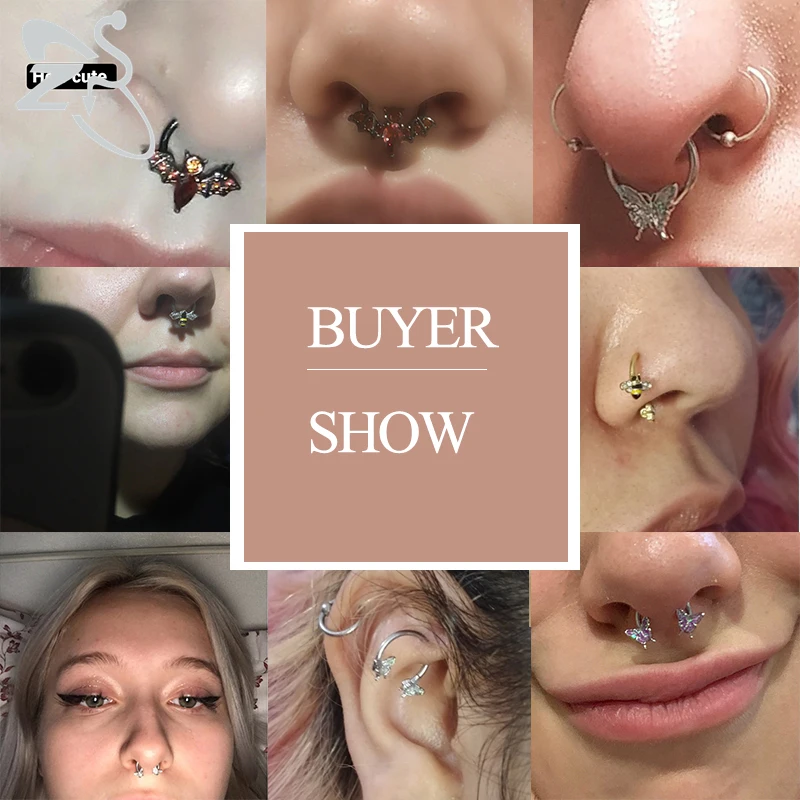 ZS 1PC 16G Stainless Steel Crystal Septum Nose Ring Bat Bee Butterfly Septum Clicker Piercing Ear Tragus Cartilage Helix 8/10MM