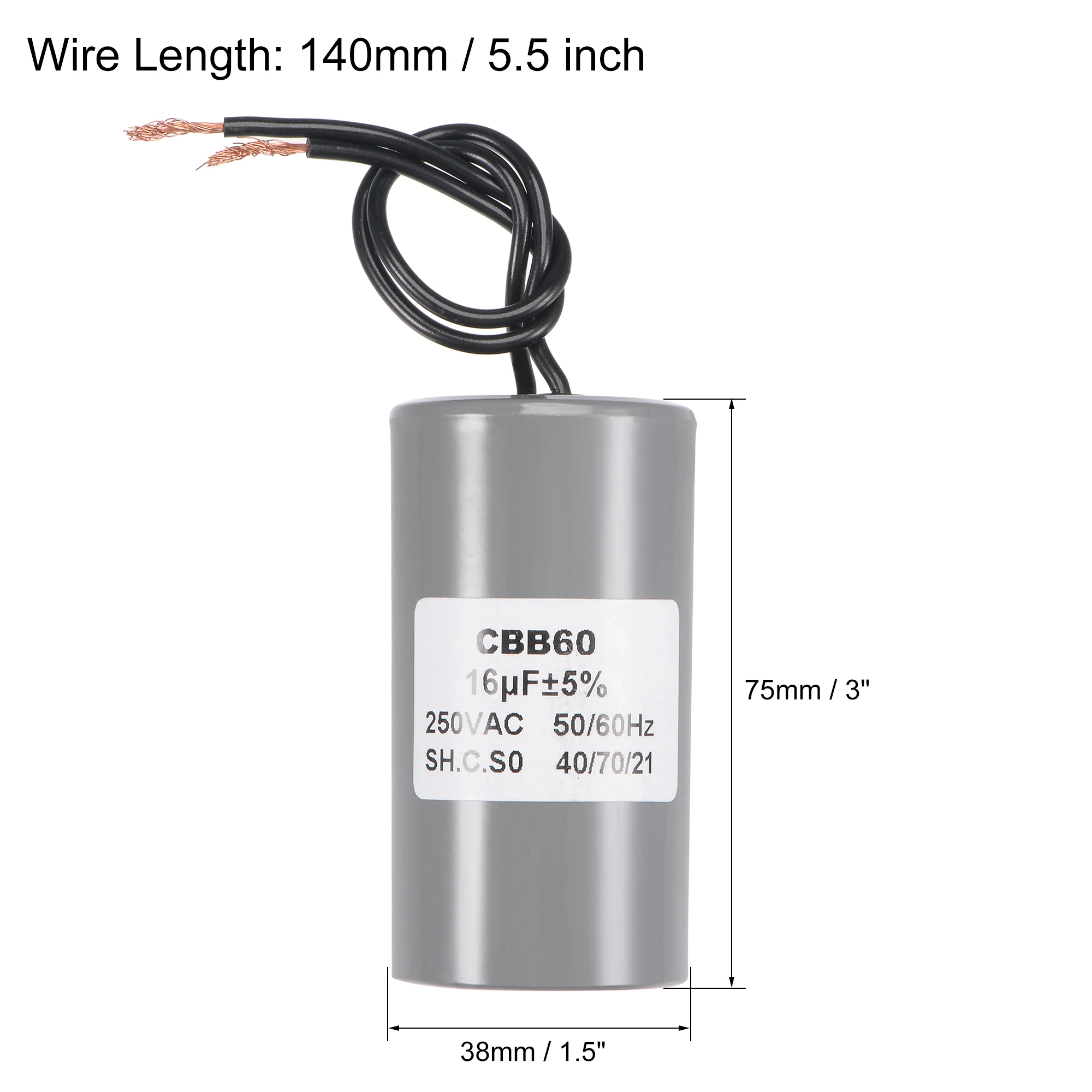 CBB60 Run Capacitor 16uF 250V AC 2 Wires 50/60Hz Cylinder Motor Running Capacitor 75x38mm for Air Compressor Water Pump Motors