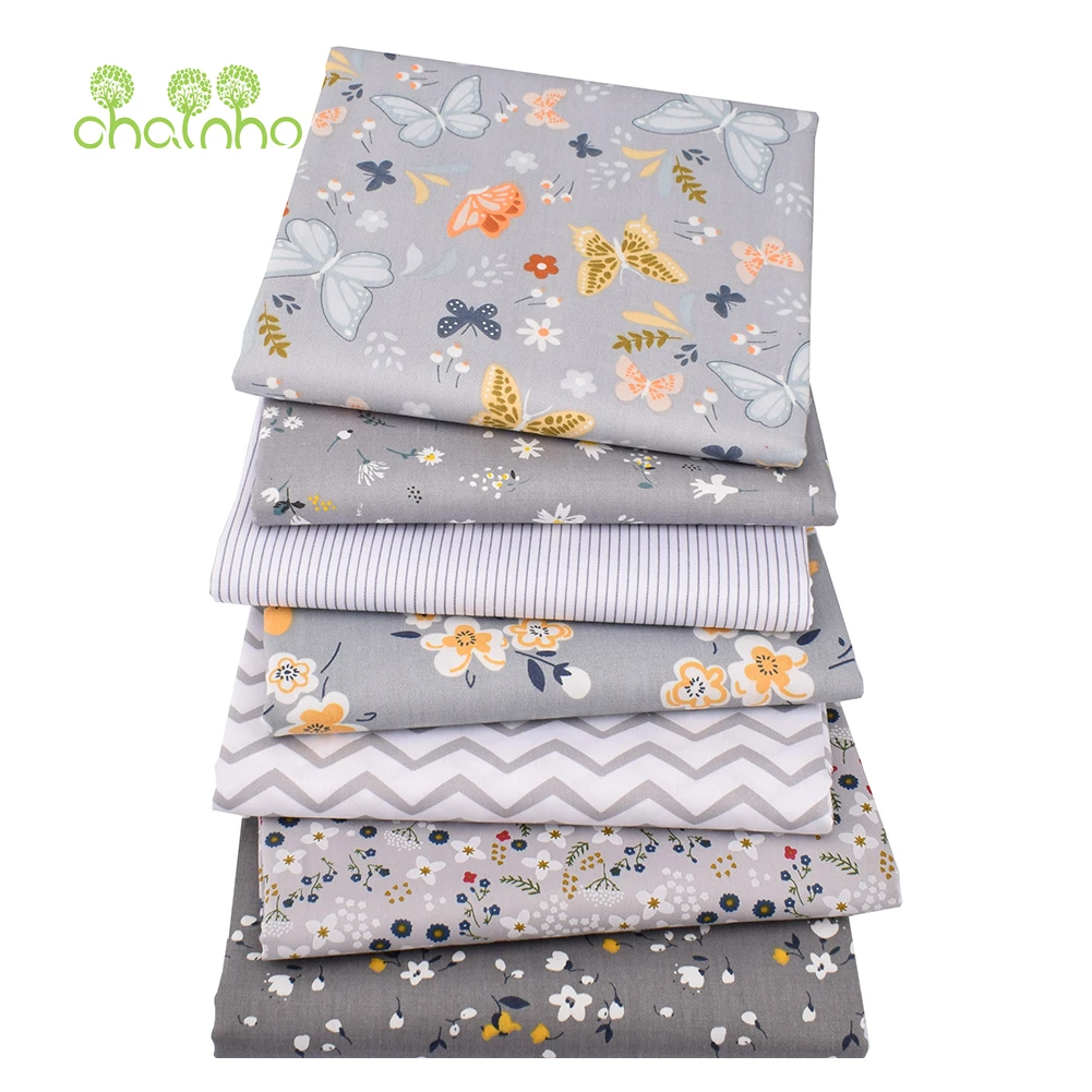 Chainho,Printed Twill Cotton Fabric,Gray Floral Series,Patchwork Cloth For DIY Sewing Quilting Baby &Children's Bedding Material