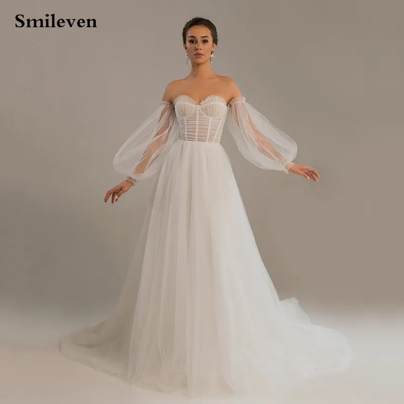 

Smileven Sweetheart Wedding Dress With Detachable Puff Sleeve Bridal Dresses Pleats Boho Wedding Gowns Beach Sweetheart