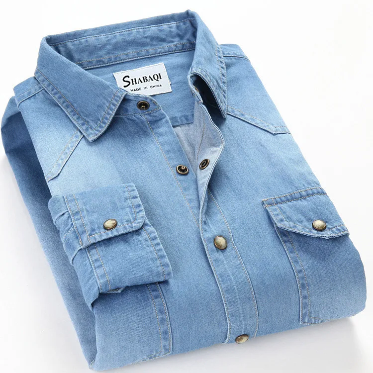 Men\'s Slim Denim Shirt 2022 Spring Luxury High Quality Cotton Square Collar Pocket Button Fashion Long Sleeve Jeans Shirt