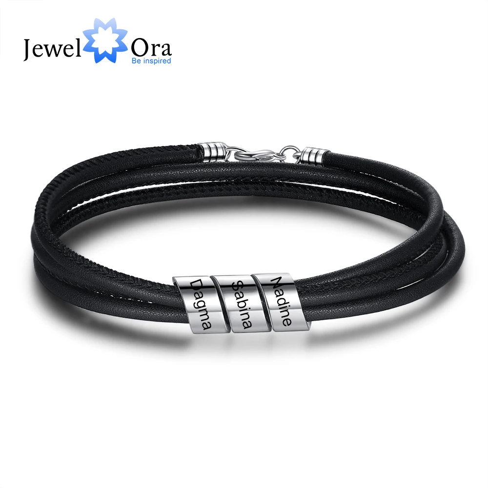 JewelOra Stainless Steel Personalized Engraved Family Names Beads Bracelet Custom Black Leather Men Bracelets Gift for Boyfriend