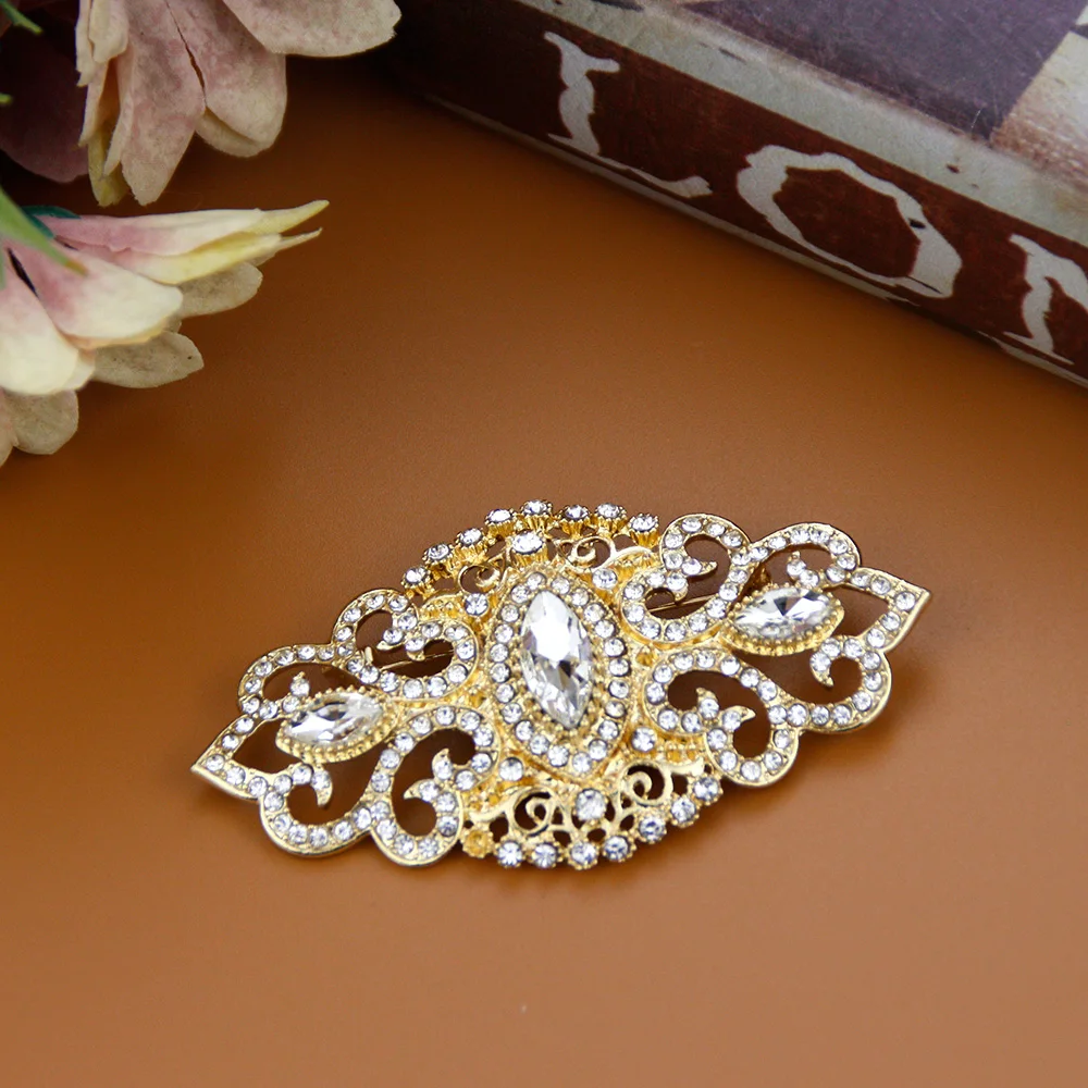 Sunspicems Full Crystal Women Brooch Gold Color Morocco Caftan Brooch Wedding Jewelry Flower Indian Brooches Pins Bridal Bijoux