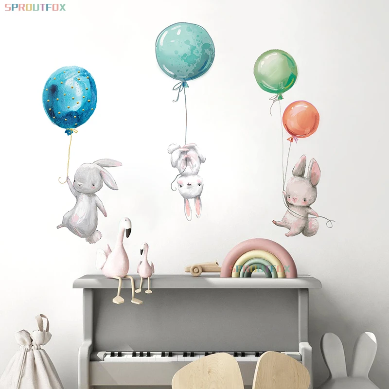 Animal Cartoon Wall Stickers For Kids Rooms Balloon Bunny Decorative 3D Wall Stickers For Children Rooms Large Kids Wall Decals